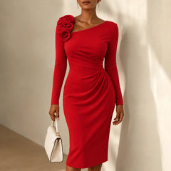Hannah Rose Shoulder Ruched Midi Dress in Red