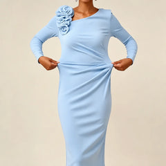 Hannah Rose Shoulder Ruched Midi Dress in Sky Blue