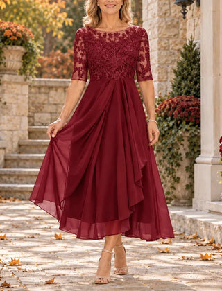 Harriet Lace Bodice Draped Midi Dress in Burgundy