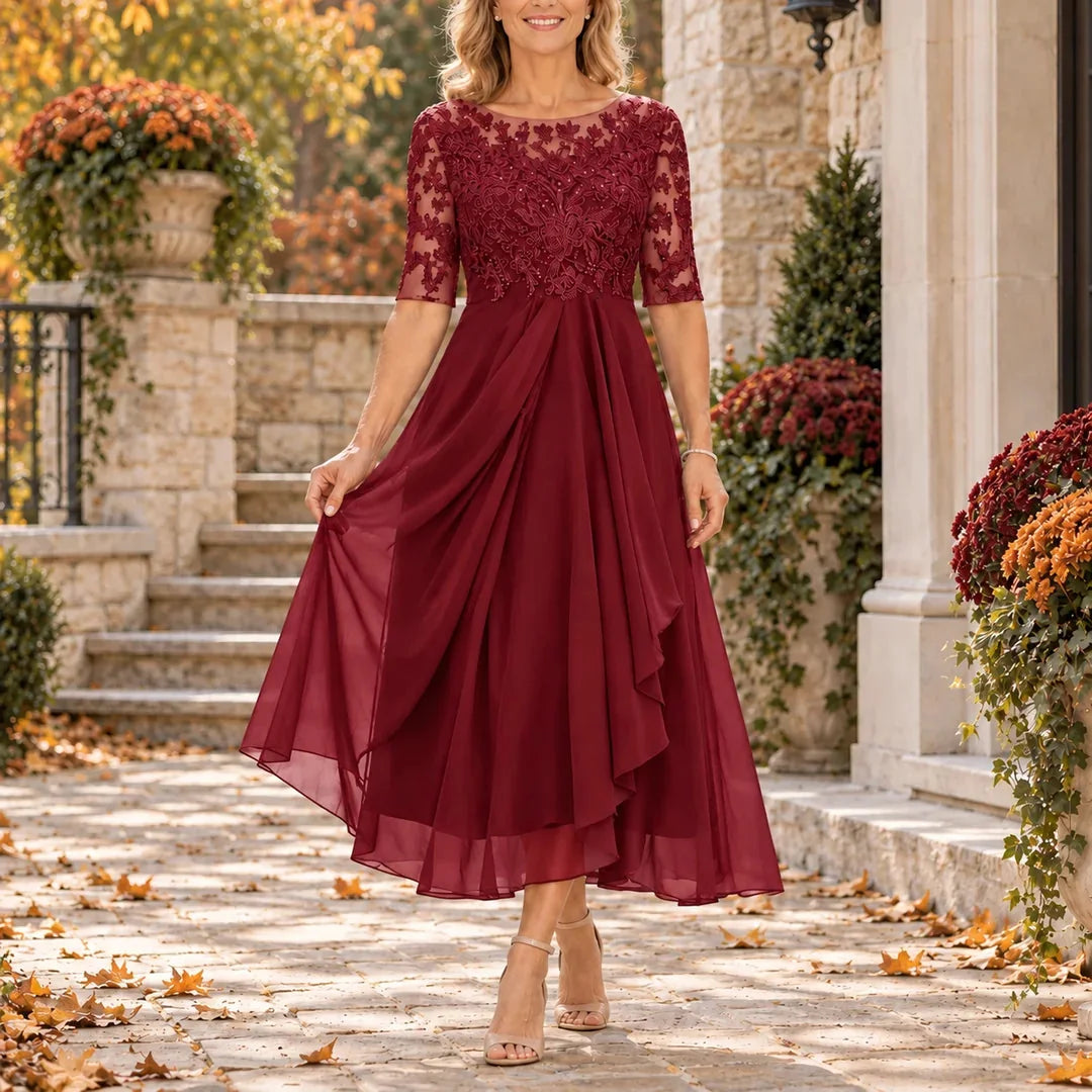 Harriet Lace Bodice Draped Midi Dress in Burgundy