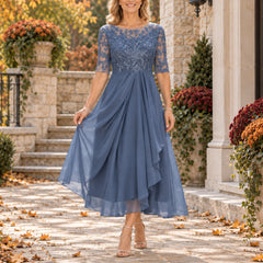 Harriet Lace Bodice Draped Midi Dress in Blue