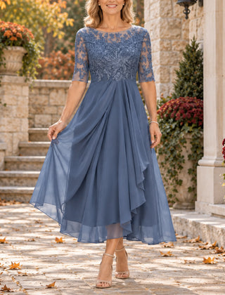 Harriet Lace Bodice Draped Midi Dress in Blue