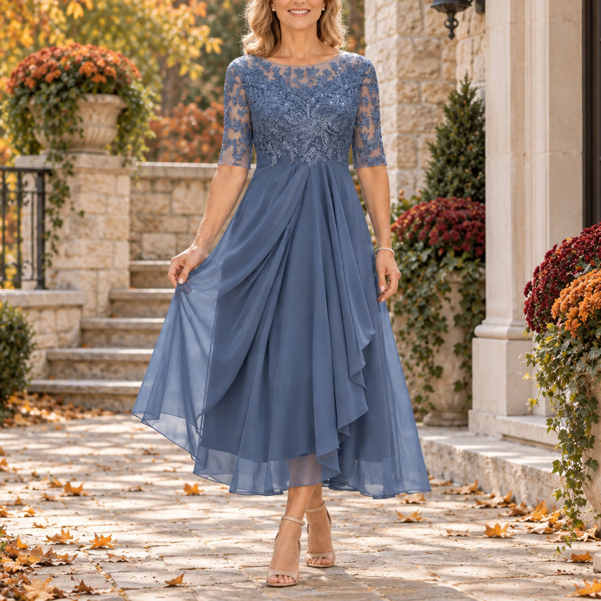 Harriet Lace Bodice Draped Midi Dress in Blue