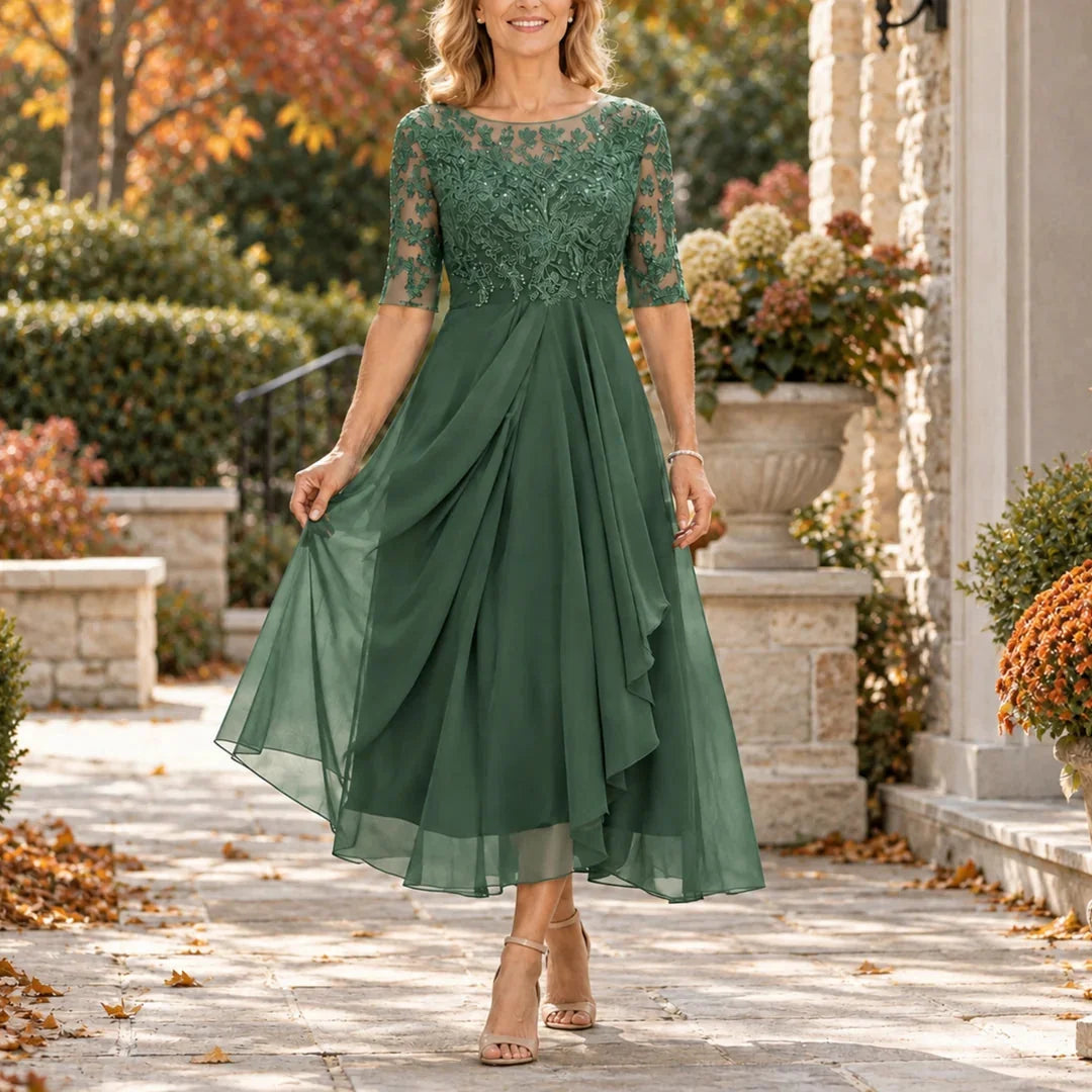 Harriet Lace Bodice Draped Midi Dress in Green
