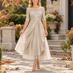 Harriet Lace Bodice Draped Midi Dress in Champagne Gold