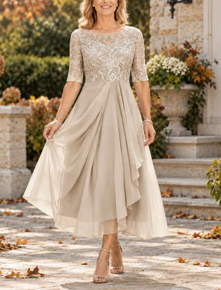 Harriet Lace Bodice Draped Midi Dress in Champagne Gold