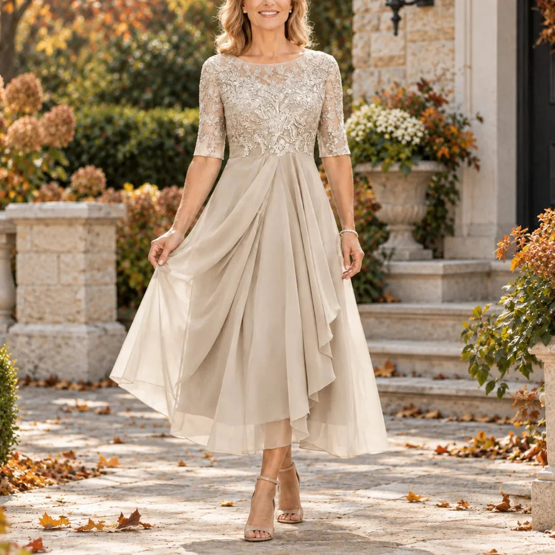 Harriet Lace Bodice Draped Midi Dress in Champagne Gold