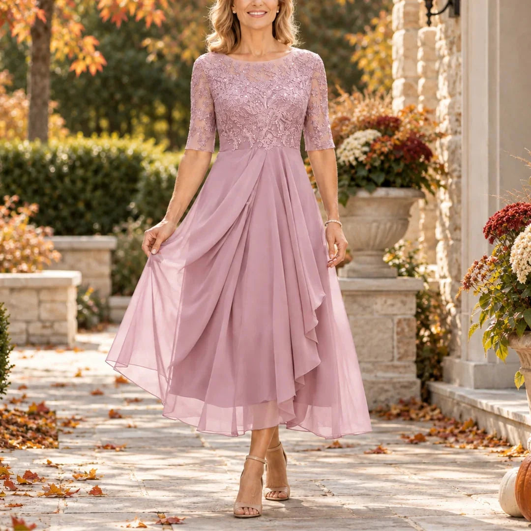 Harriet Lace Bodice Draped Midi Dress in Pink