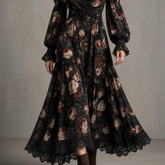 Hazel Dark Floral Tiered Midi Dress in Black