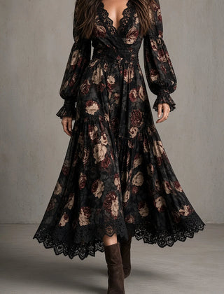 Hazel Dark Floral Tiered Midi Dress in Black