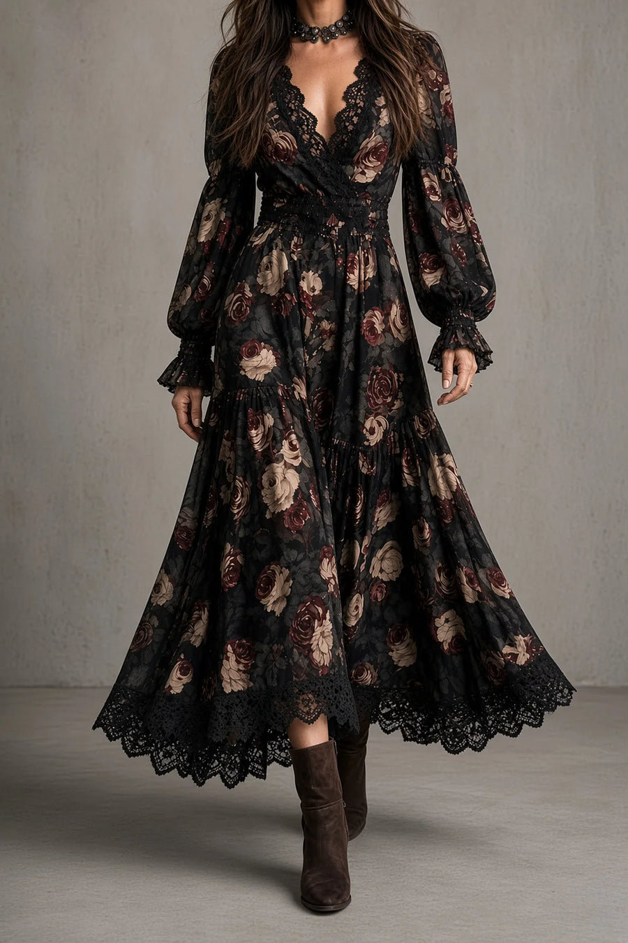 Hazel Dark Floral Tiered Midi Dress in Black