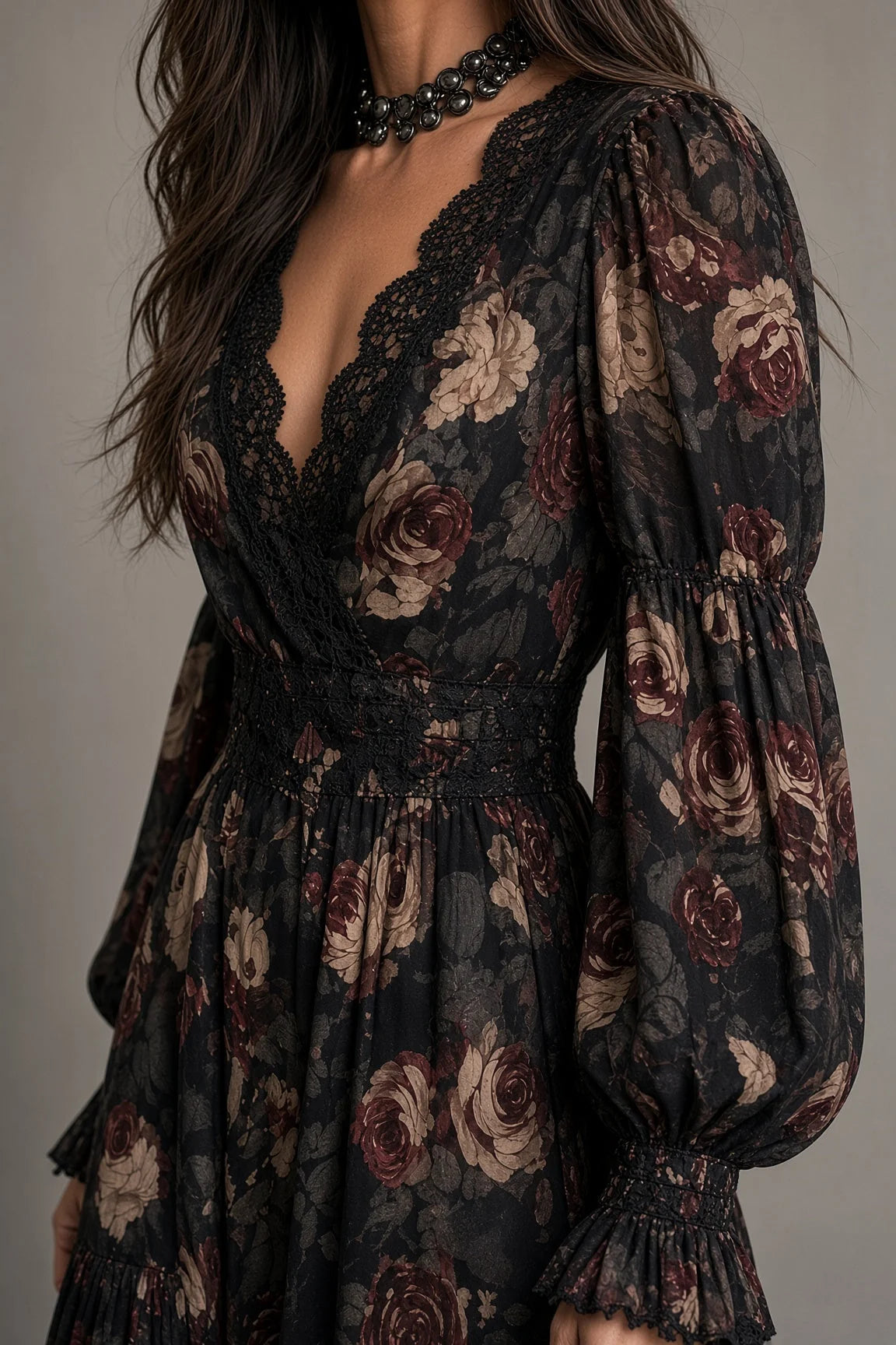 Hazel Dark Floral Tiered Midi Dress in Black