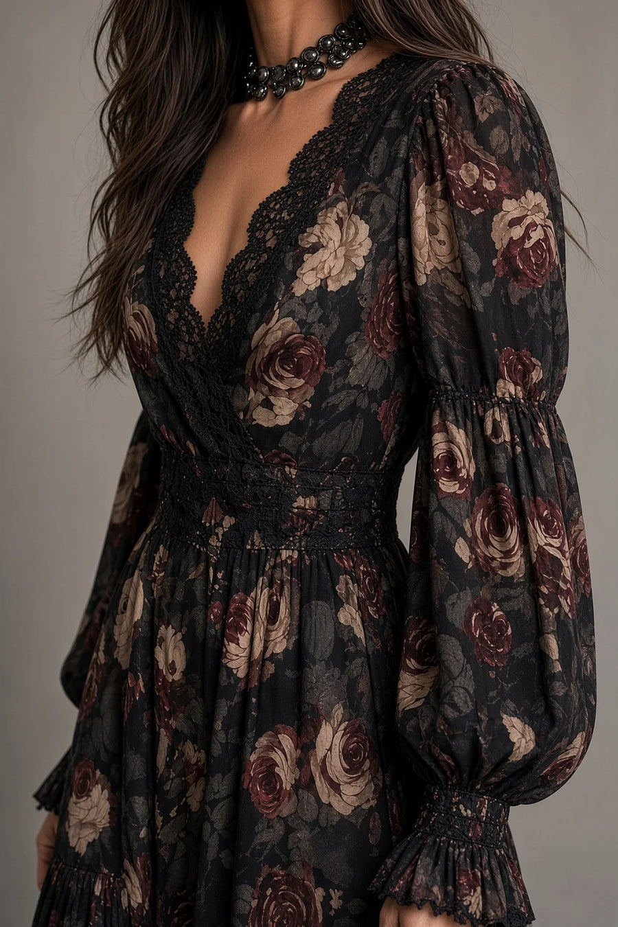 Hazel Dark Floral Tiered Midi Dress in Black