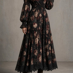 Hazel Dark Floral Tiered Midi Dress in Black