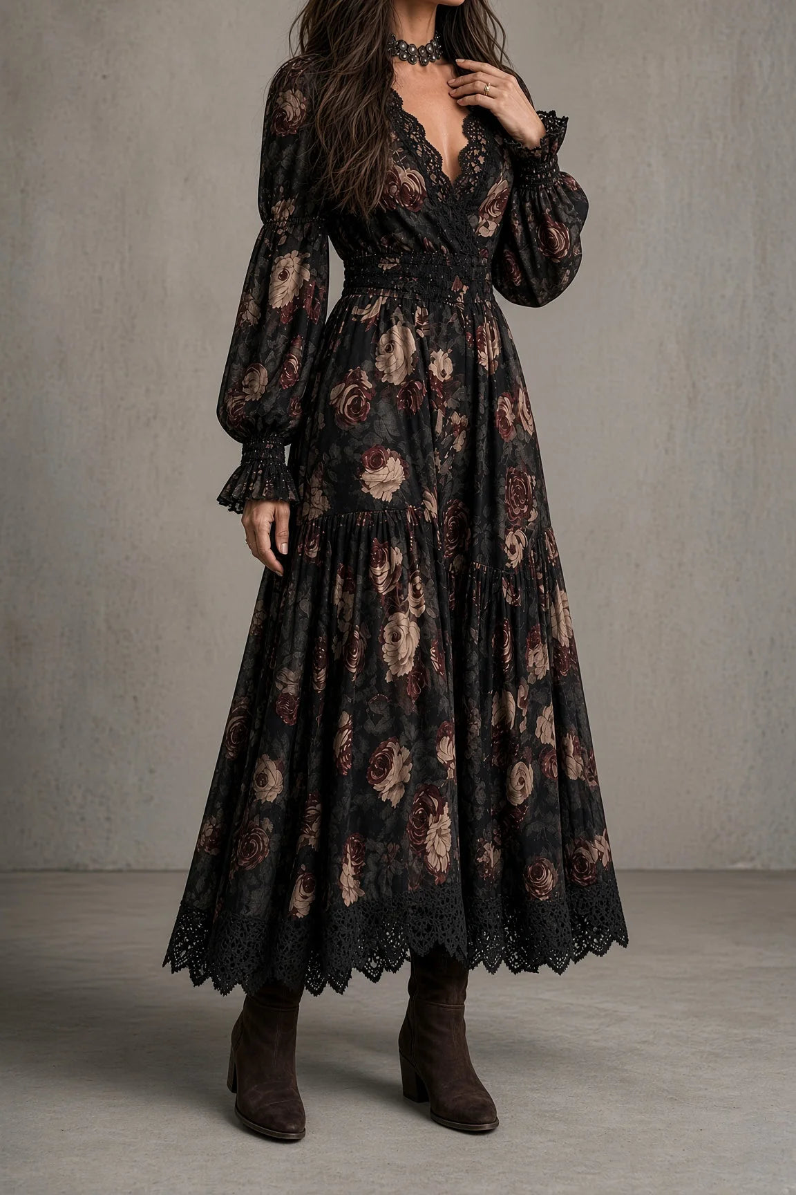 Hazel Dark Floral Tiered Midi Dress in Black