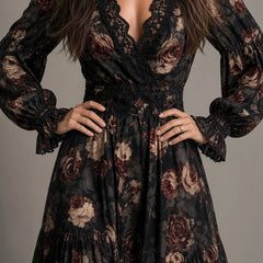 Hazel Dark Floral Tiered Midi Dress in Black