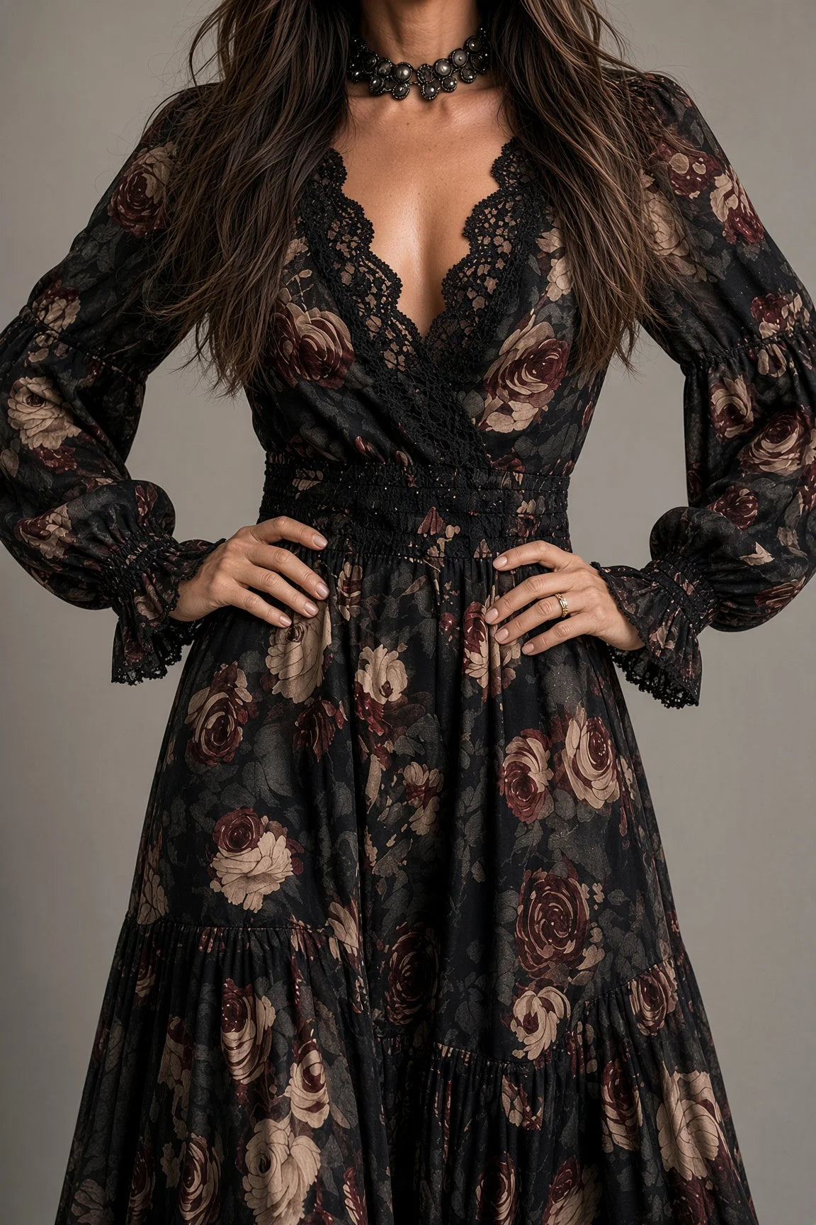 Hazel Dark Floral Tiered Midi Dress in Black