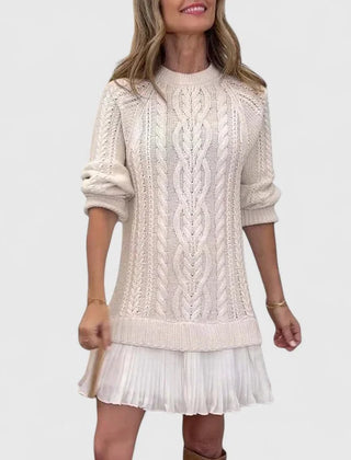Heidi Cable Pattern Pleated Hem Sweater Dress in Cream
