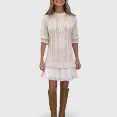 Heidi Cable Pattern Pleated Hem Sweater Dress in Cream