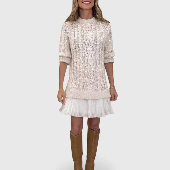 Heidi Cable Pattern Pleated Hem Sweater Dress in Cream