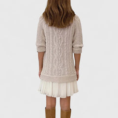 Heidi Cable Pattern Pleated Hem Sweater Dress in Cream