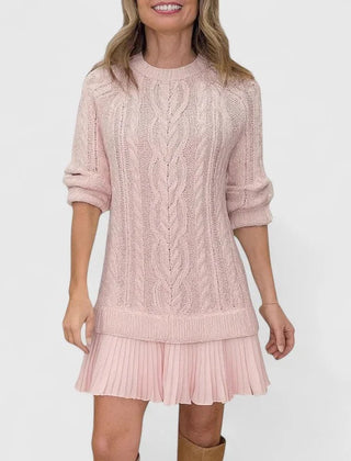 Heidi Cable Pattern Pleated Hem Sweater Dress in Pink
