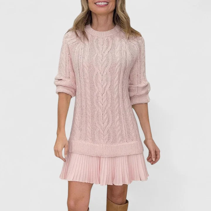 Heidi Cable Pattern Pleated Hem Sweater Dress in Pink