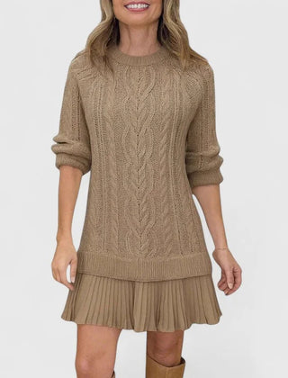Heidi Cable Pattern Pleated Hem Sweater Dress in Brown