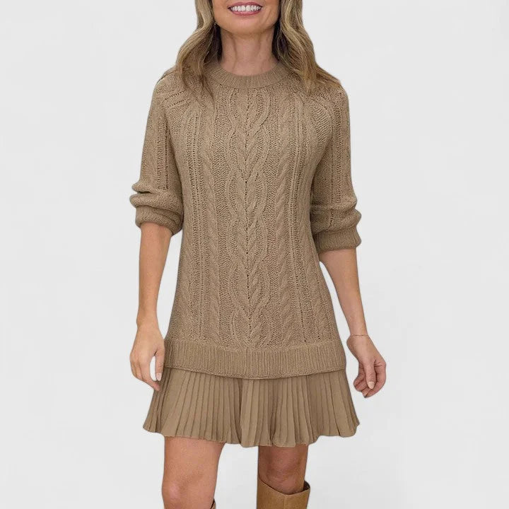Heidi Cable Pattern Pleated Hem Sweater Dress in Brown