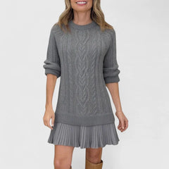 Heidi Cable Pattern Pleated Hem Sweater Dress in Grey
