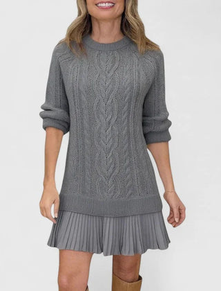 Heidi Cable Pattern Pleated Hem Sweater Dress in Grey