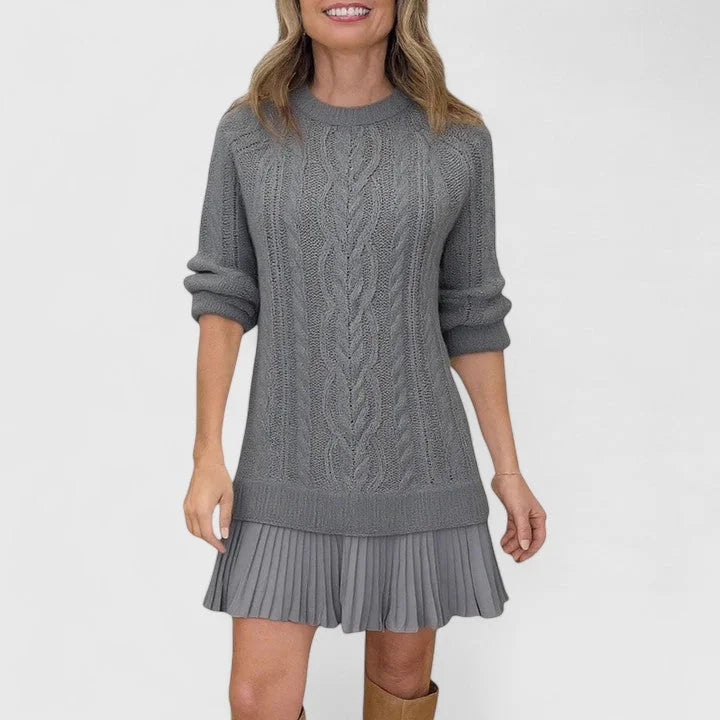 Heidi Cable Pattern Pleated Hem Sweater Dress in Grey