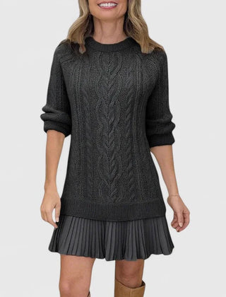 Heidi Cable Pattern Pleated Hem Sweater Dress in Black