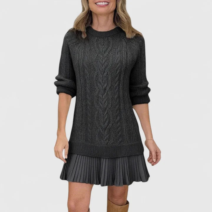 Heidi Cable Pattern Pleated Hem Sweater Dress in Black