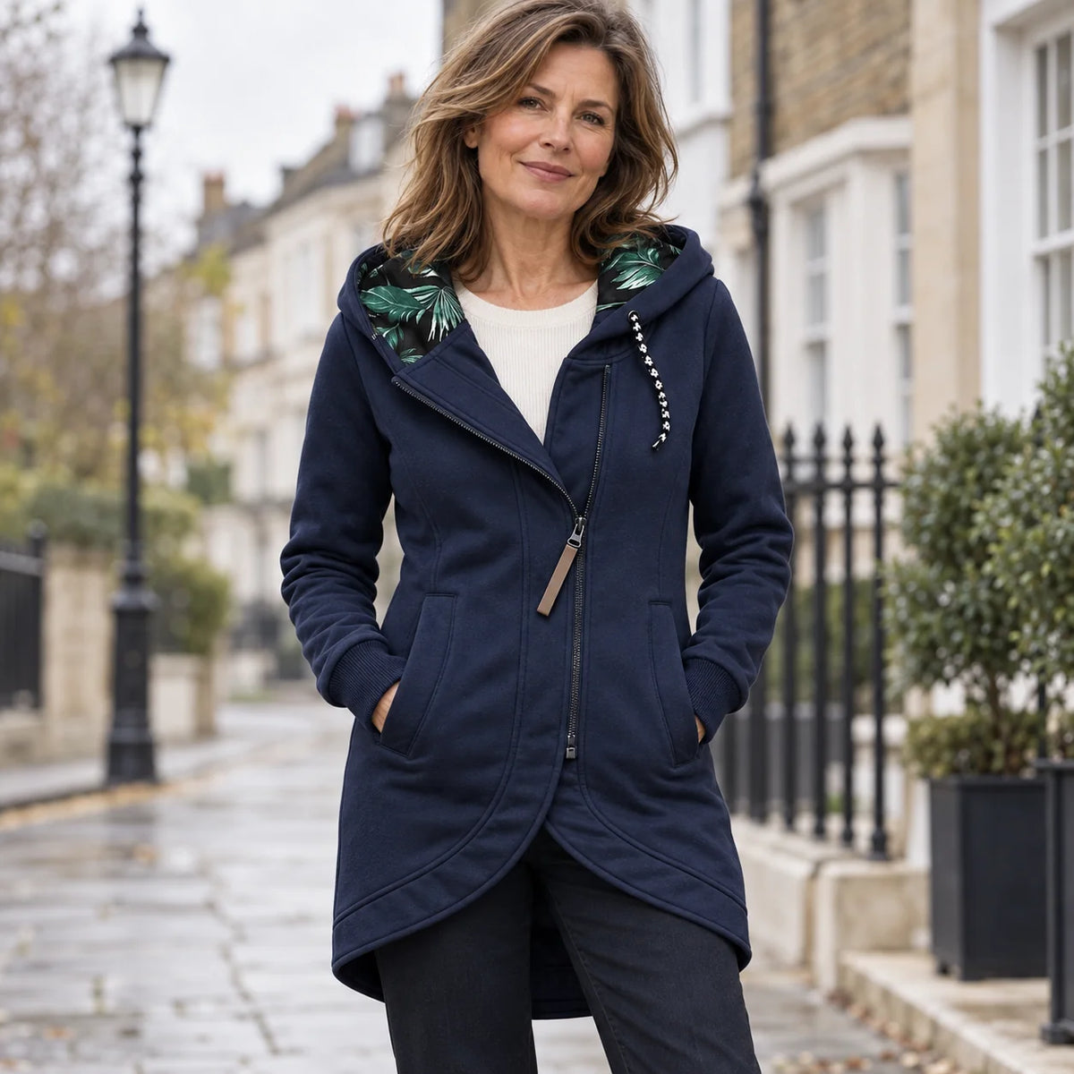 Helena Hooded Longline Zip Coat in Navy