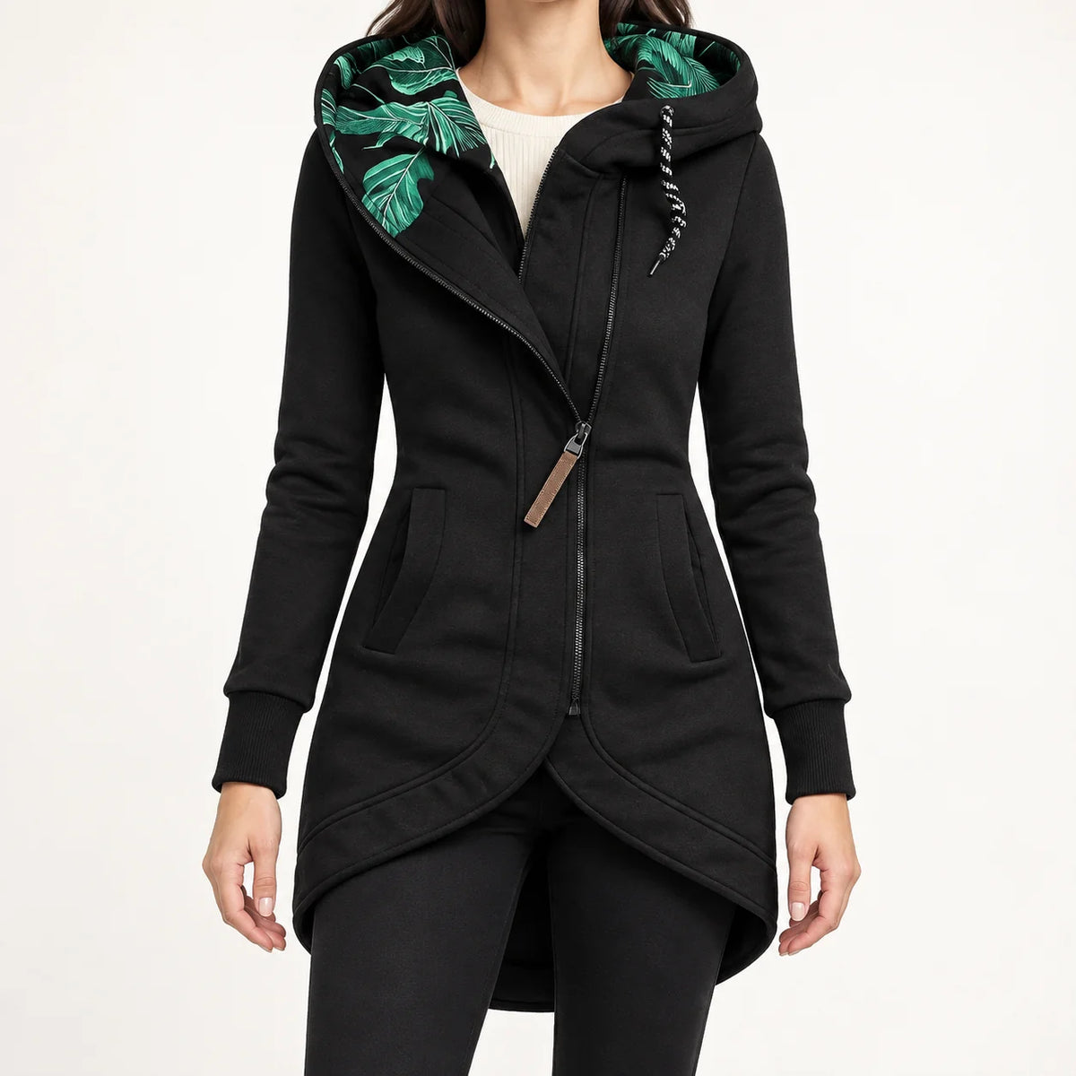 Helena Hooded Longline Zip Coat in Black
