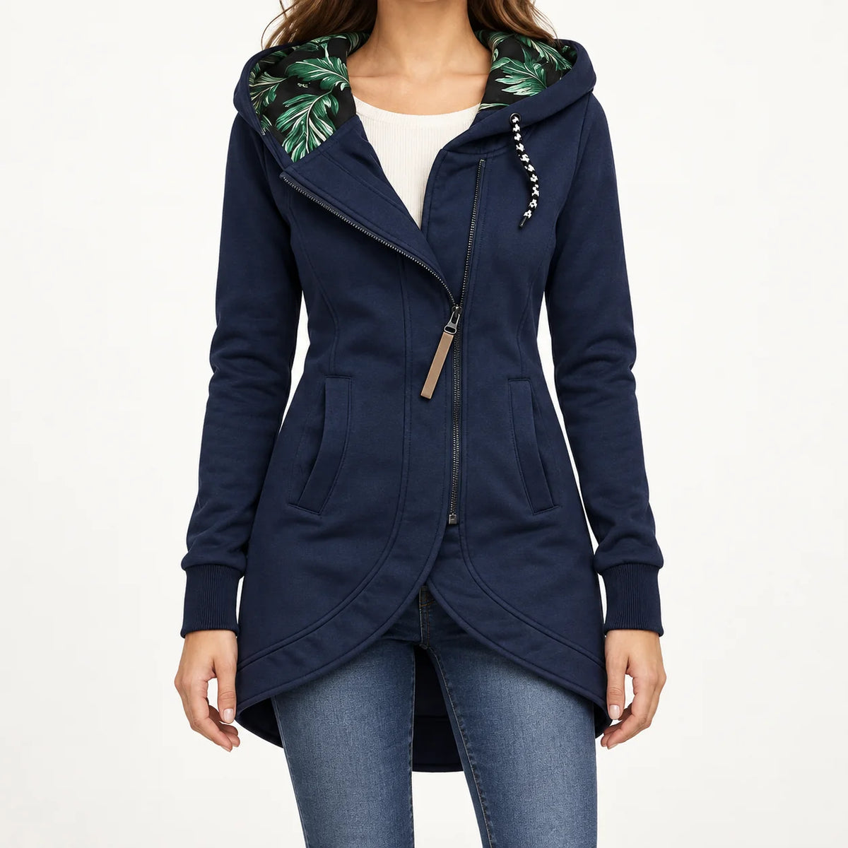 Helena Hooded Longline Zip Coat in Navy