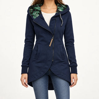 Helena Hooded Longline Zip Coat in Navy