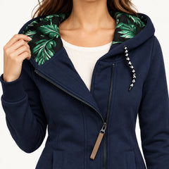 Helena Hooded Longline Zip Coat in Navy