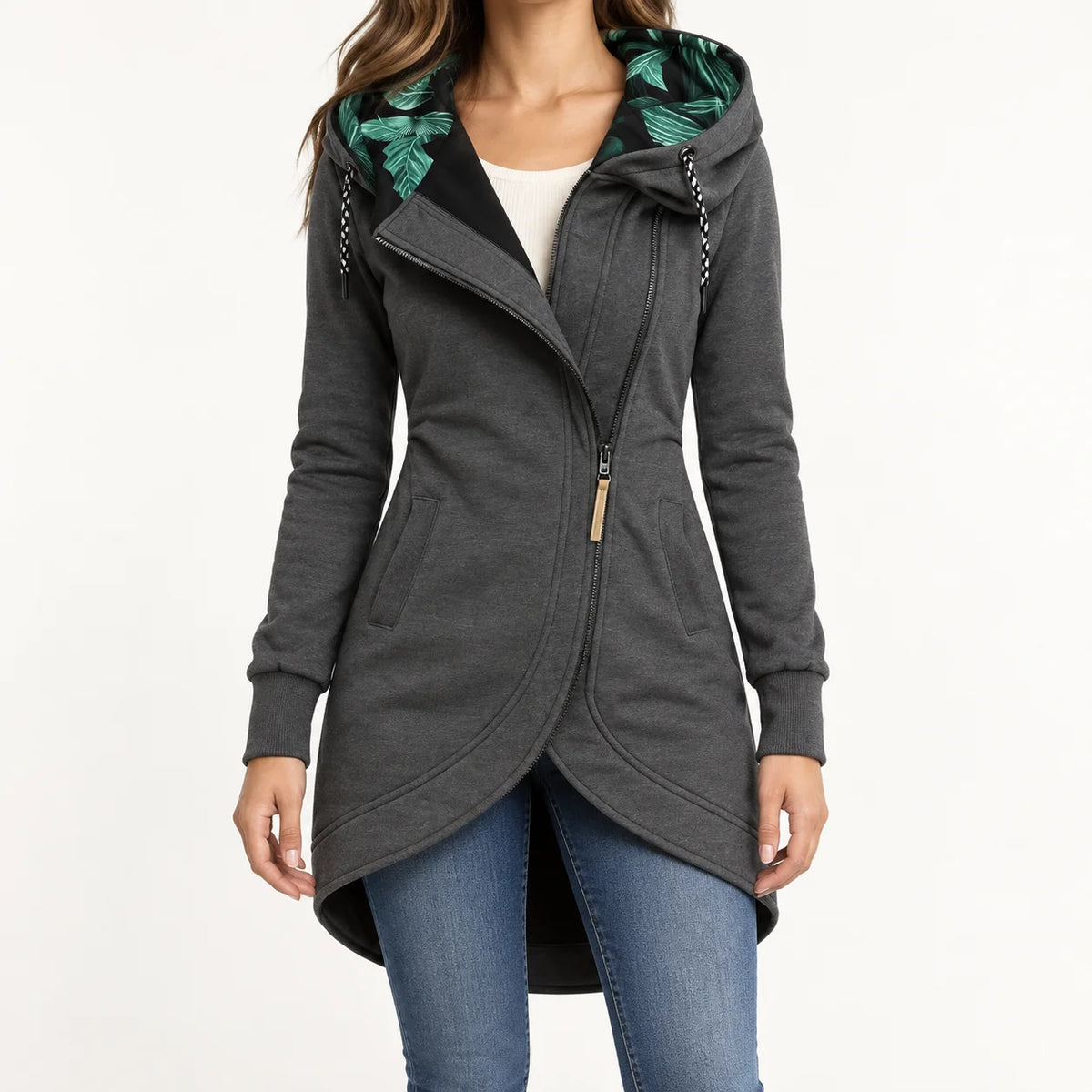 Helena Hooded Longline Zip Coat in Charcoal Grey