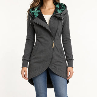 Helena Hooded Longline Zip Coat in Charcoal Grey