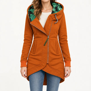 Helena Hooded Longline Zip Coat in Rust Orange