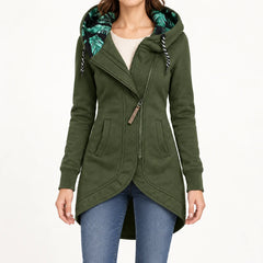 Helena Hooded Longline Zip Coat in Olive Green