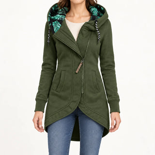 Helena Hooded Longline Zip Coat in Olive Green