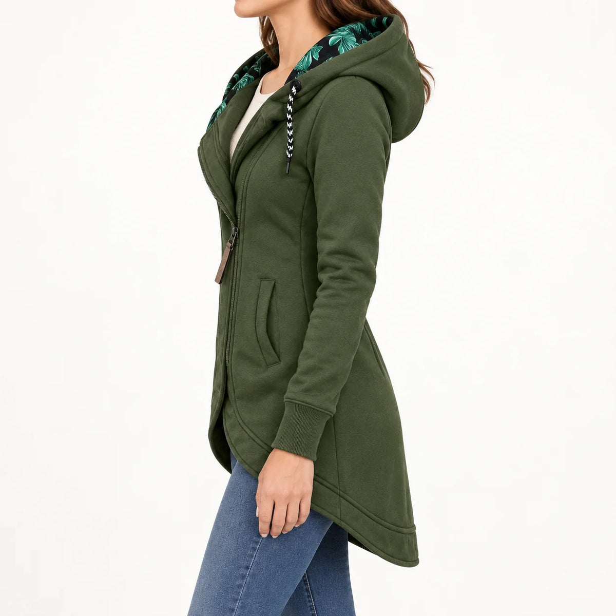 Helena Hooded Longline Zip Coat in Olive Green