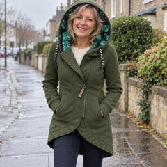 Helena Hooded Longline Zip Coat in Olive Green