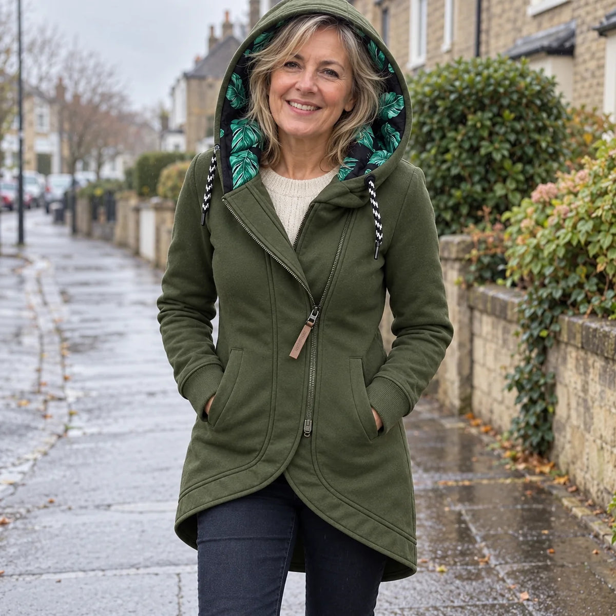 Helena Hooded Longline Zip Coat in Olive Green