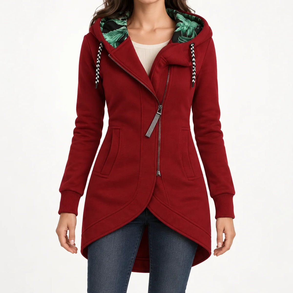 Helena Hooded Longline Zip Coat in Wine Red