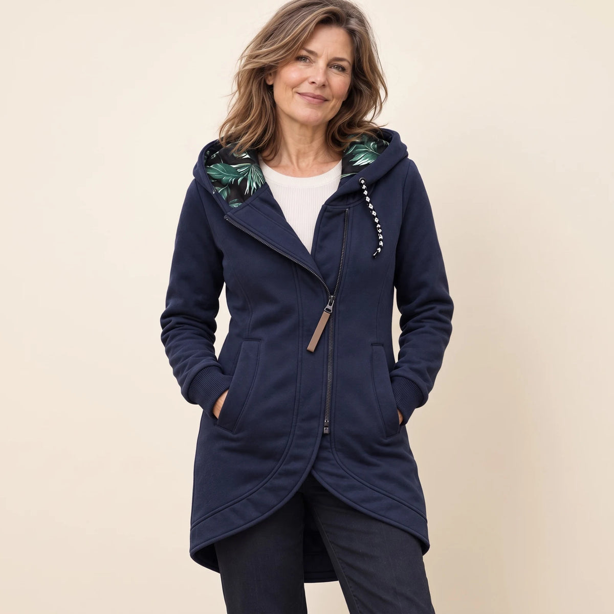 Helena Hooded Longline Zip Coat in Navy, worn