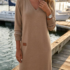 Henrietta V-Neck Midi Sweater Dress in Camel